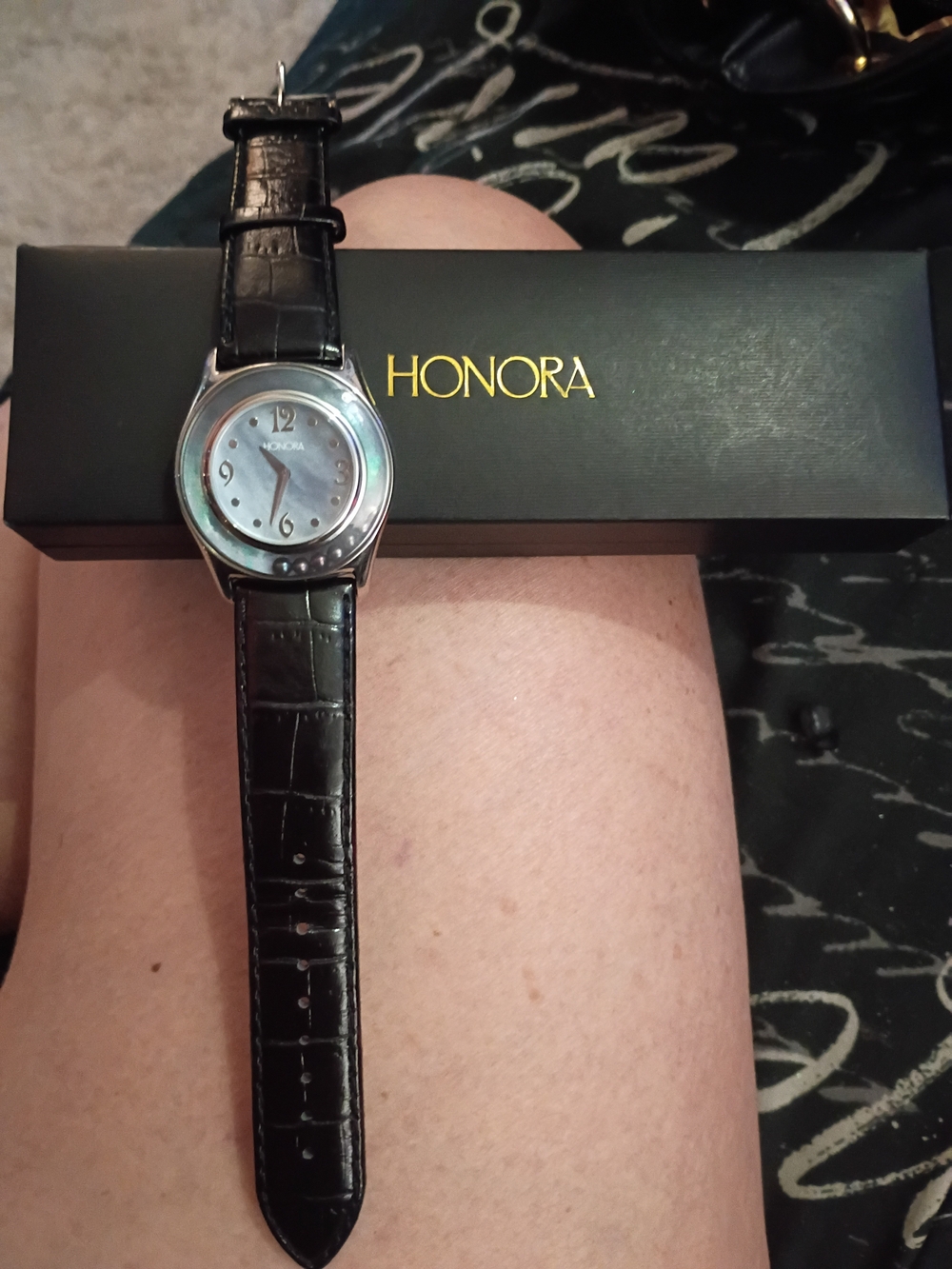 Honora Black Leather Strap Watch with Silver Case and Light Dial